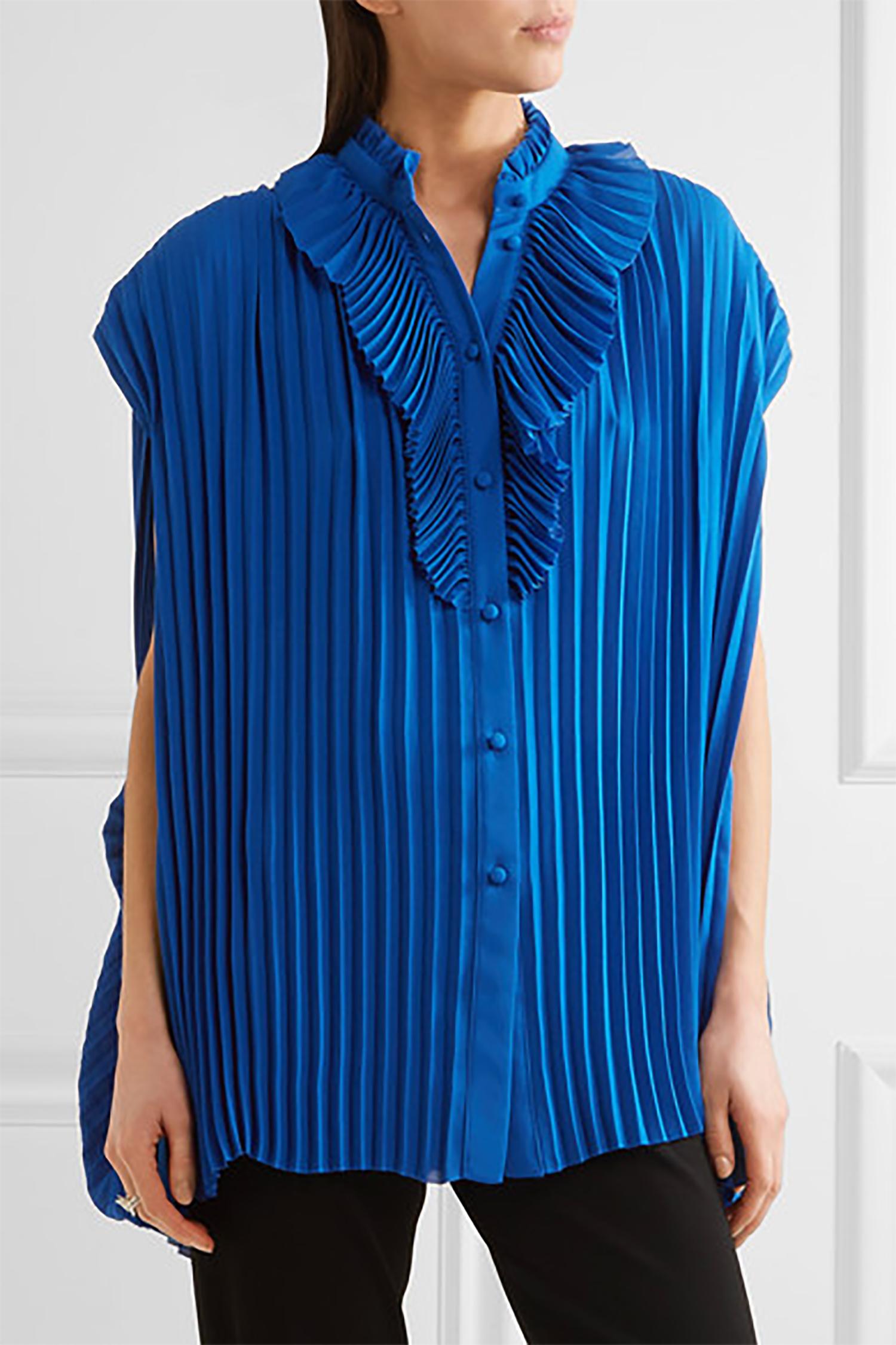 Balenciaga Resort 2017 Multi Style Royal Blue Pleated Tunic Blouse 42 9