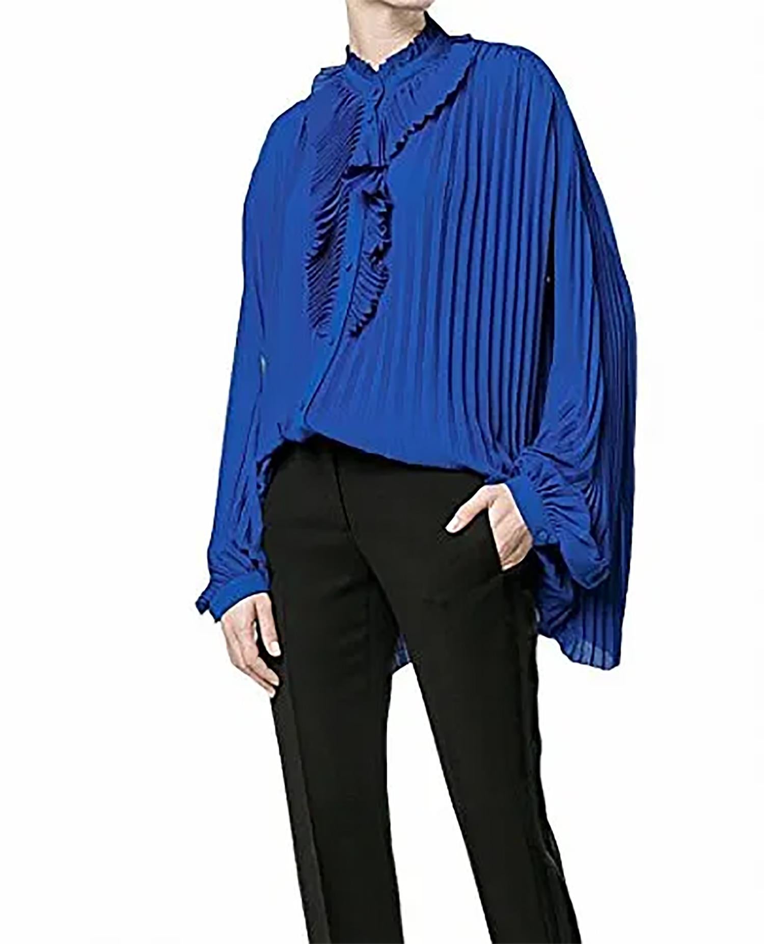 Balenciaga Resort 2017 Multi Style Royal Blue Pleated Tunic Blouse 42 10