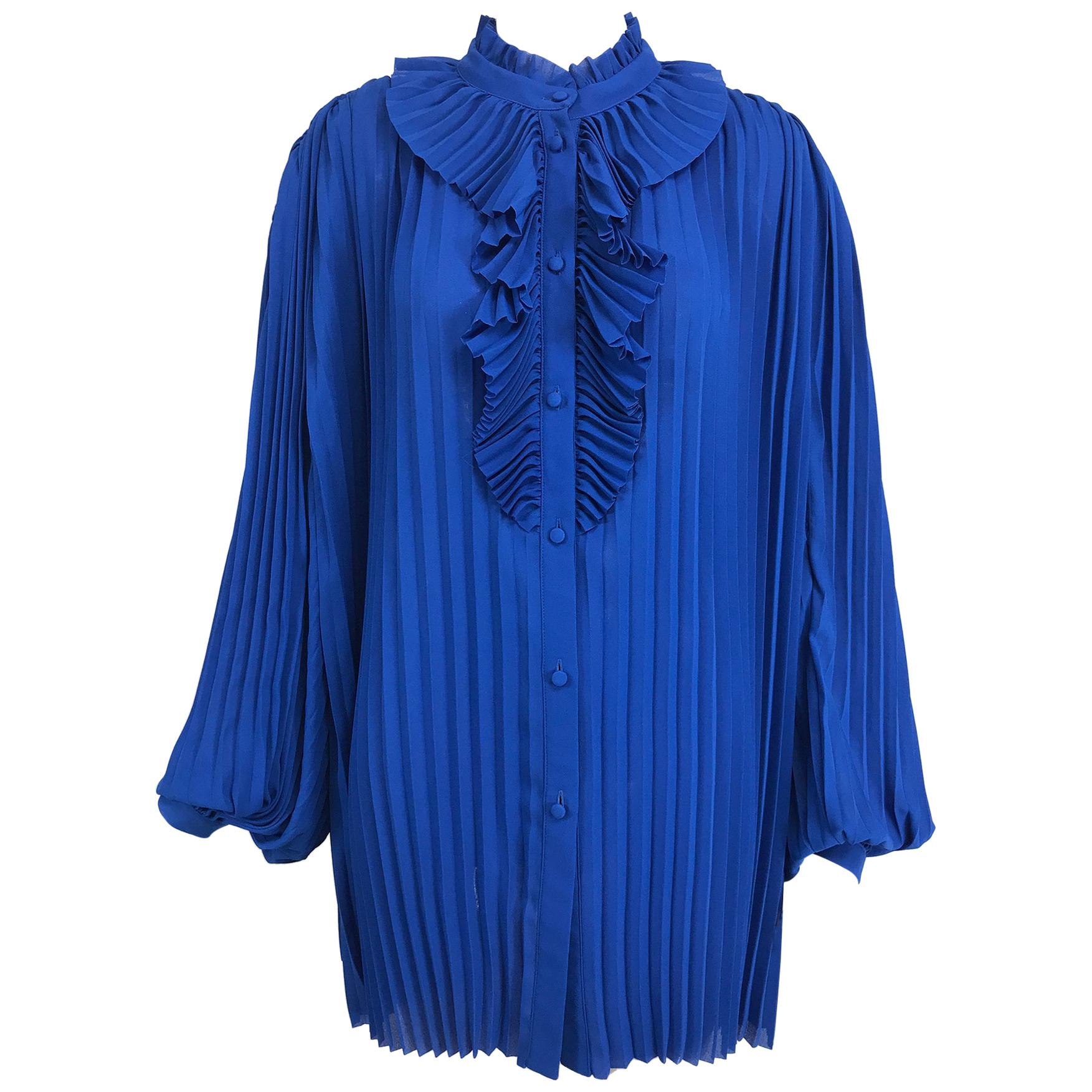 Balenciaga Resort 2017 Multi Style Royal Blue Pleated Tunic Blouse 42
