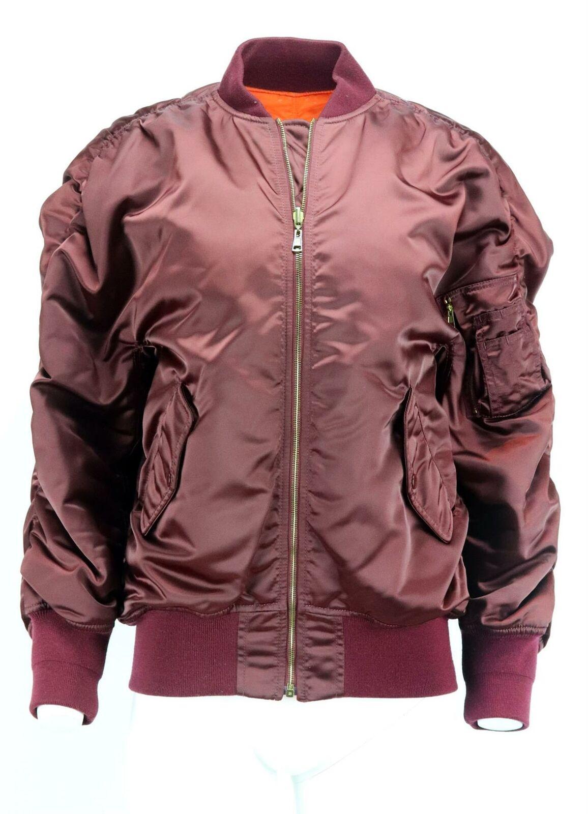 This Balenciaga burgundy satin bomber jacket has a bright-orange reversible house monogram interior, this piece is generously padded for insulation and has ruched seams that accentuate its oversized, cocoon-like shape.
Burgundy satin.
Zip fastening