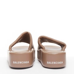 BALENCIAGA Rise light brown leather white logo padded slides EU38