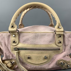 BALENCIAGA Rose & Beige Mixed Fabrics Leather Calf hair Handbag