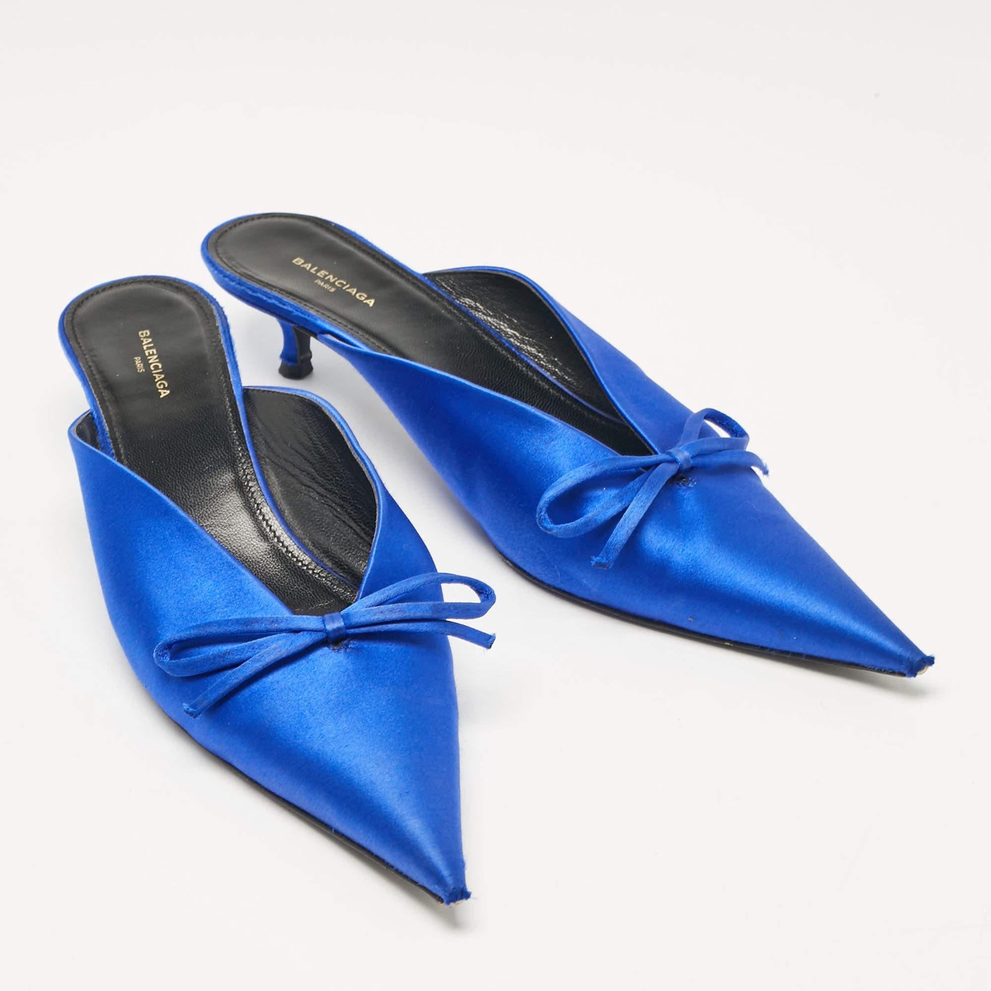Women's Balenciaga Royal Blue Satin Bow Knife Heel Mules Size 38