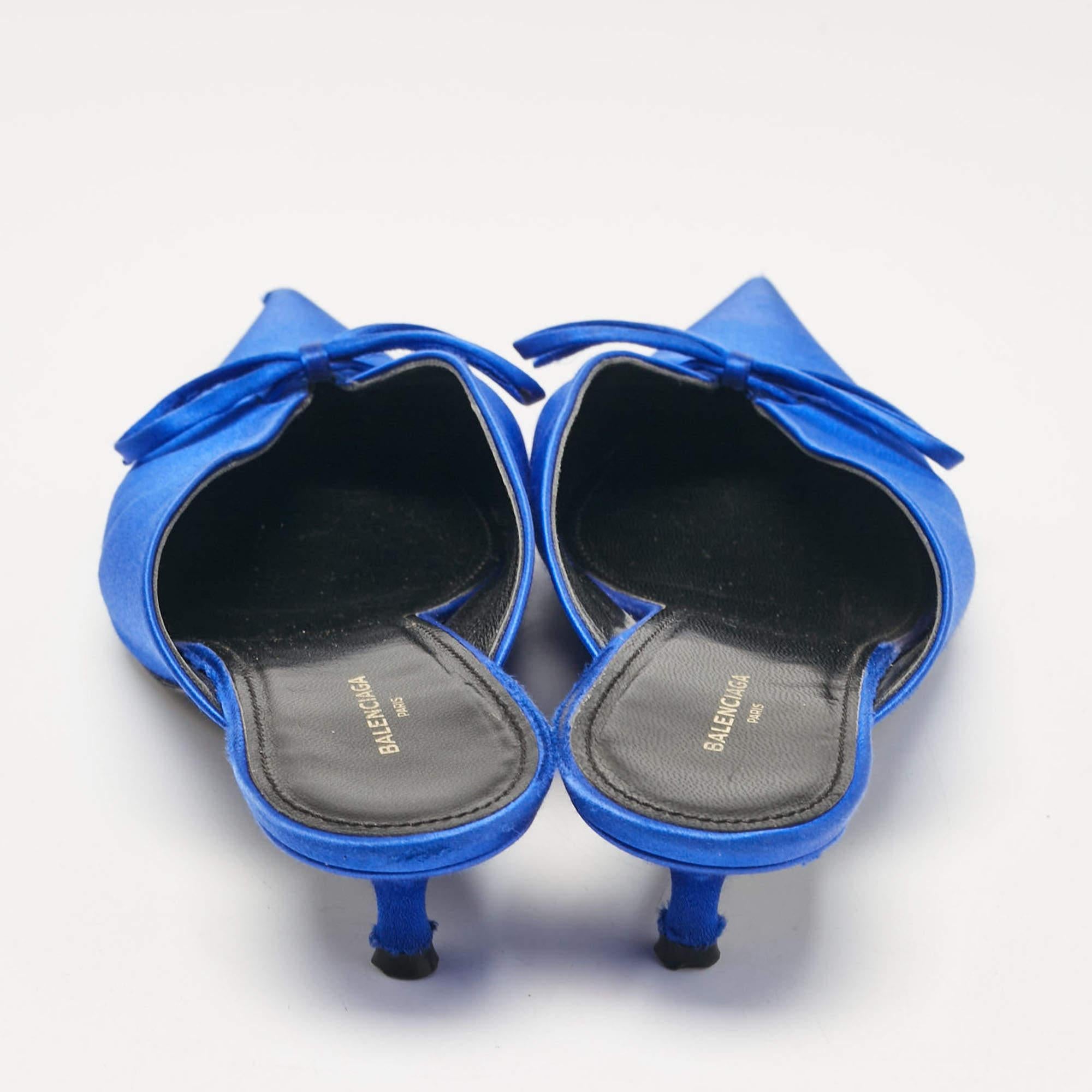 Balenciaga Royal Blue Satin Bow Knife Heel Mules Size 38 1