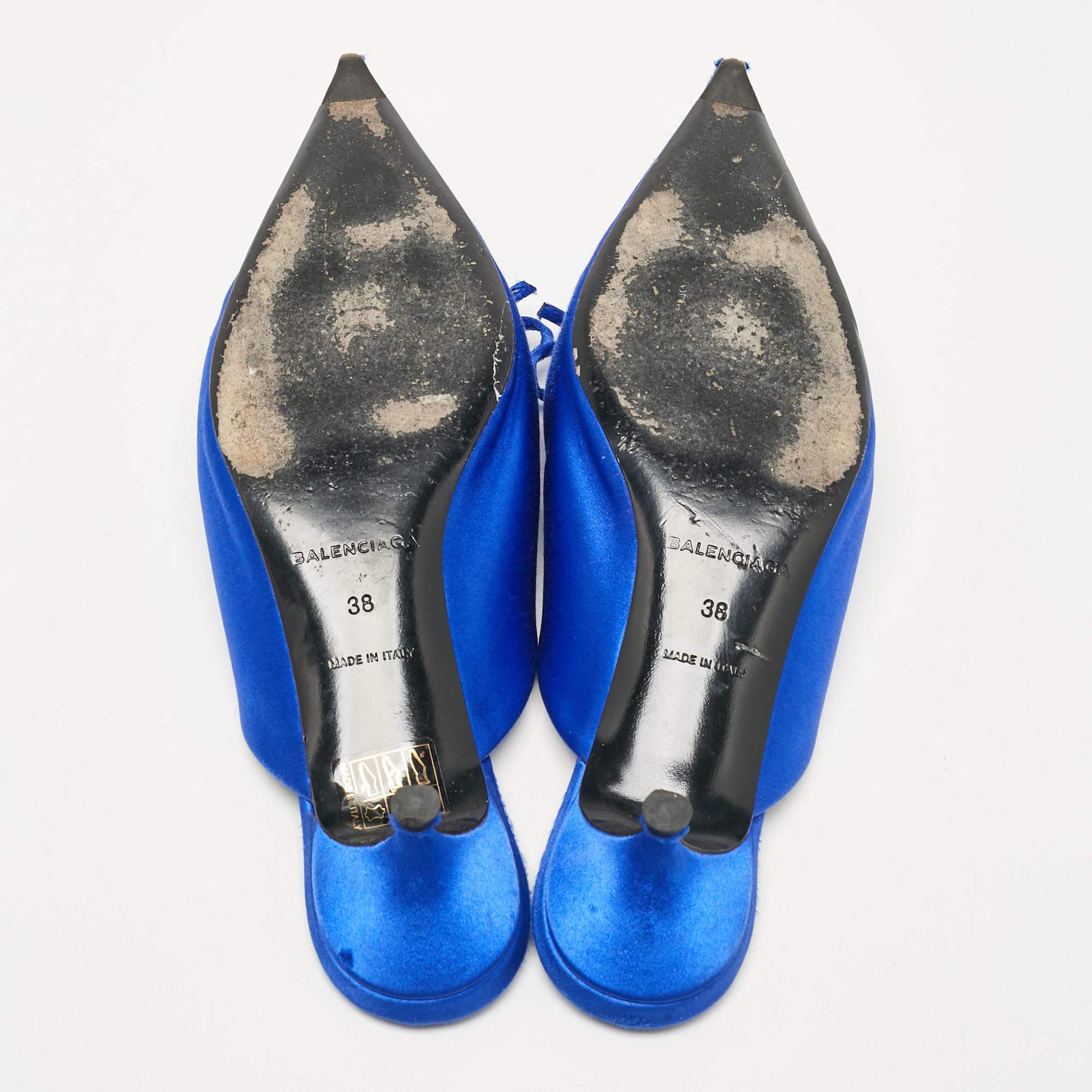 Balenciaga Royal Blue Satin Bow Knife Heel Mules Size 38 2