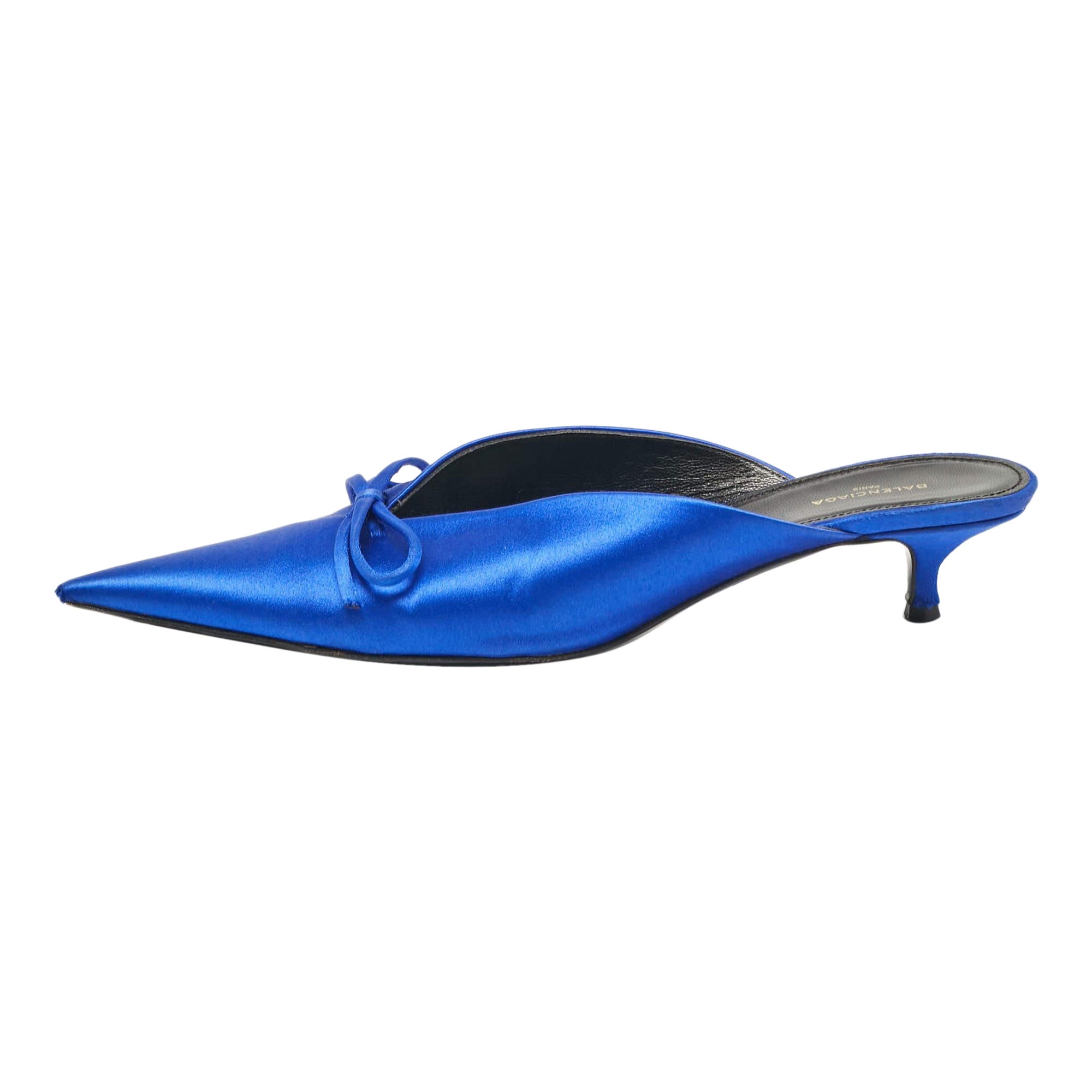 Balenciaga Royal Blue Satin Bow Knife Heel Mules Size 38