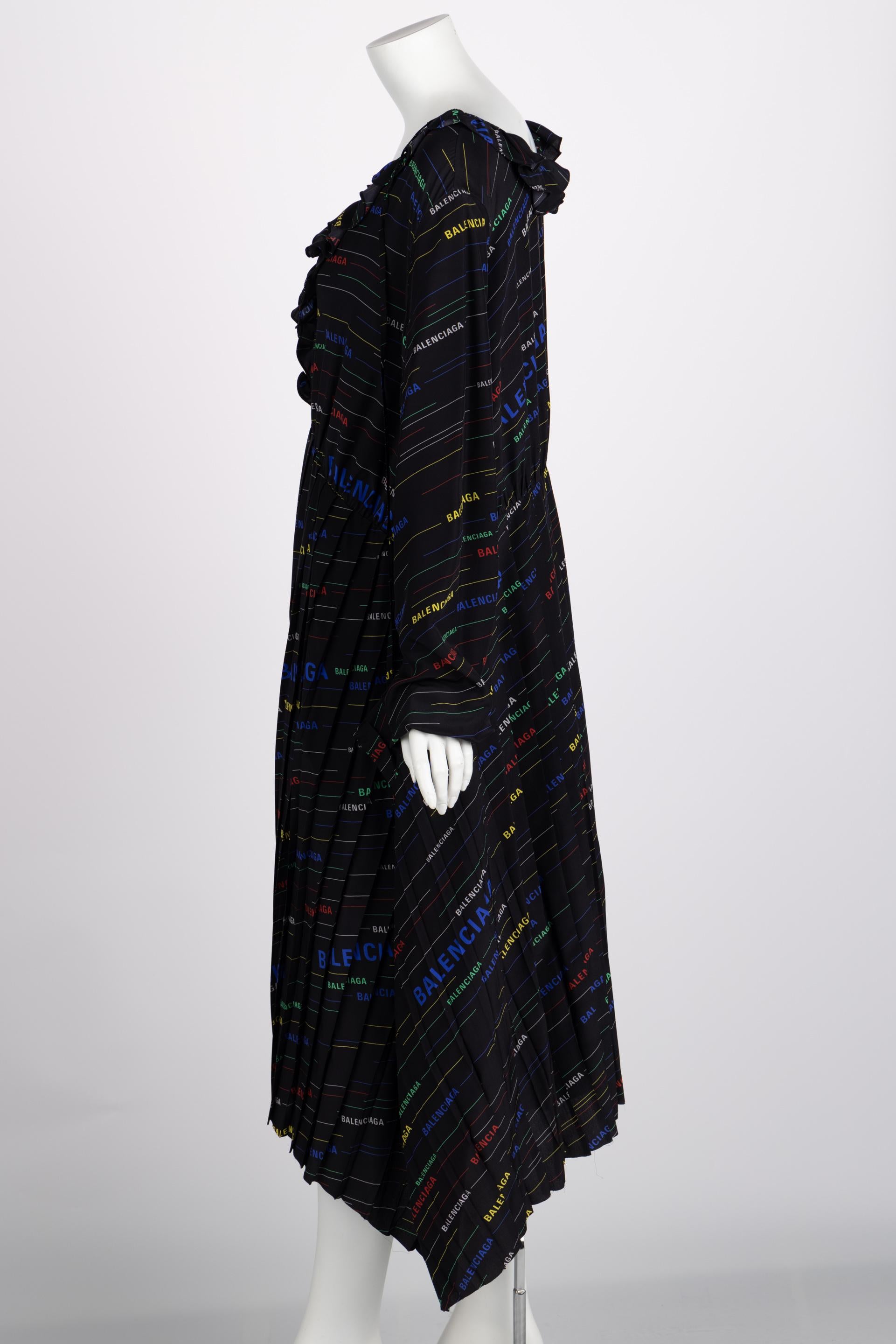 Balenciaga Ruffled Printed Black Silk Crepe De Chine Midi Dress Resort 2019 For Sale 2