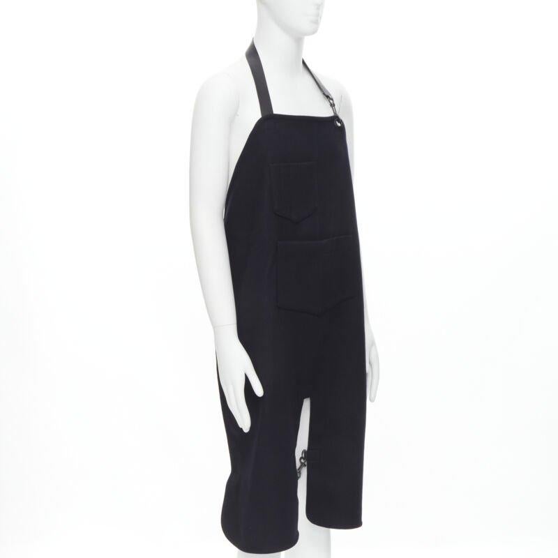 Black BALENCIAGA Runway black wool leather strap buckle apron dungaree For Sale