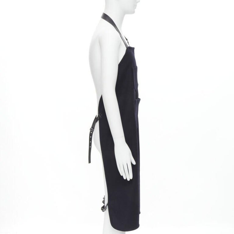 BALENCIAGA Runway black wool leather strap buckle apron dungaree For Sale  at 1stDibs