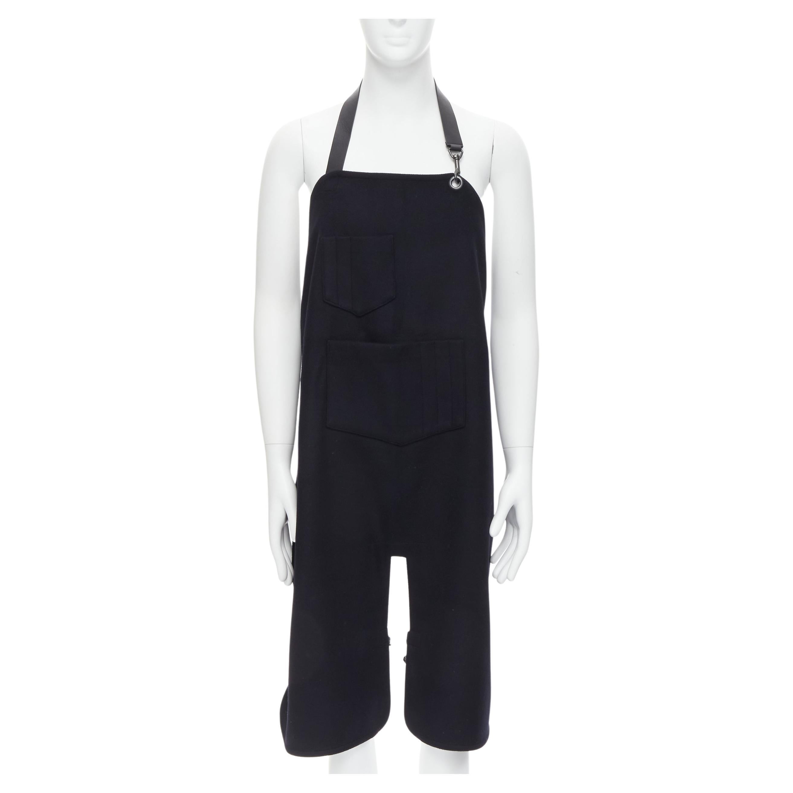 BALENCIAGA Runway black wool leather strap buckle apron dungaree For Sale