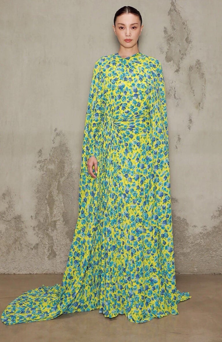 BALENCIAGA Runway S/S 2024 Floral Pliss-Crepe Gown For Sale at 1stDibs