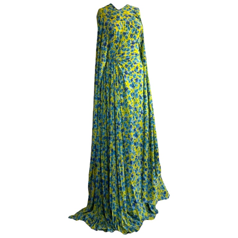 balenciaga floral backless dress Balenciaga Blue floral print ruffle Satin Midi Dress Spring 2020  Basha  Gold