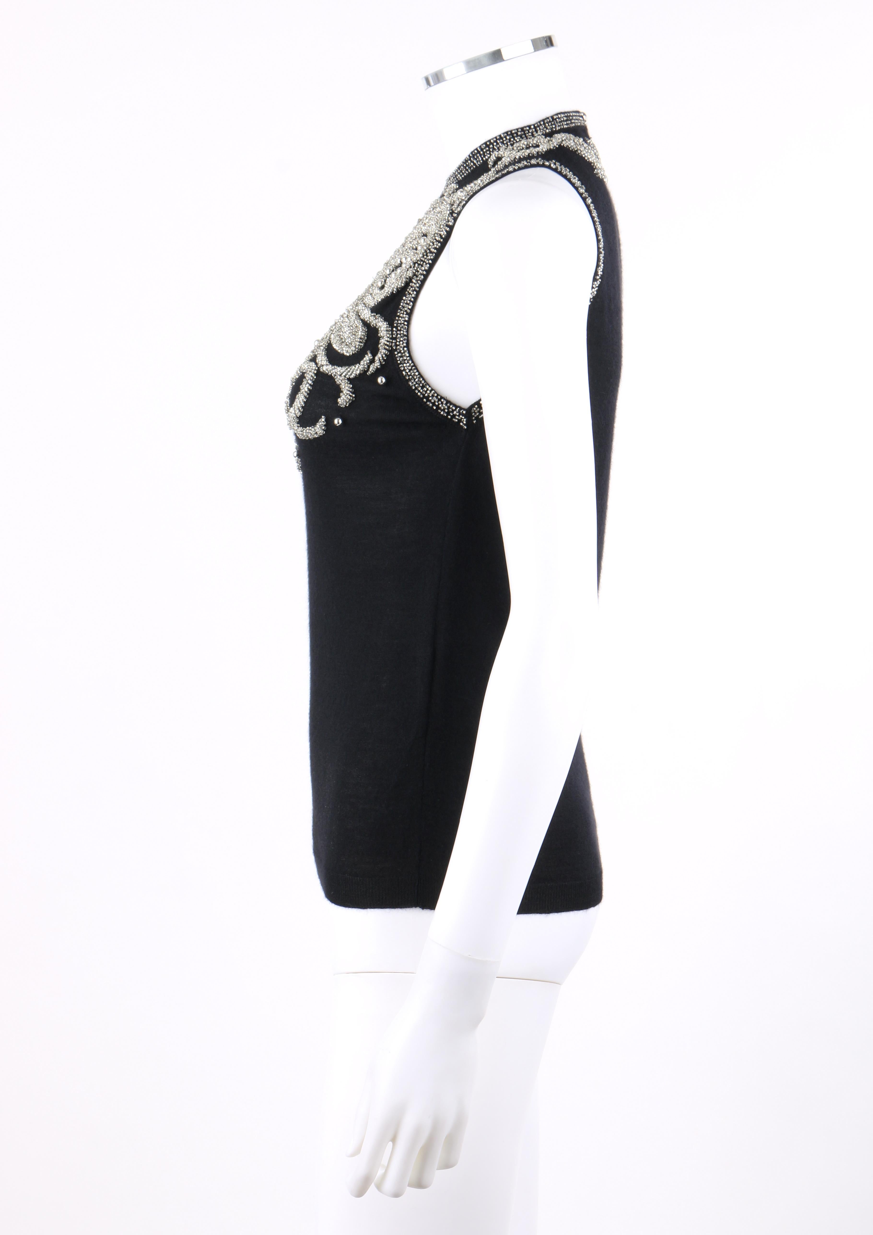 BALENCIAGA S/S 2006 Black Silver Beaded Cashmere Sleeveless Sweater Top In Good Condition For Sale In Thiensville, WI
