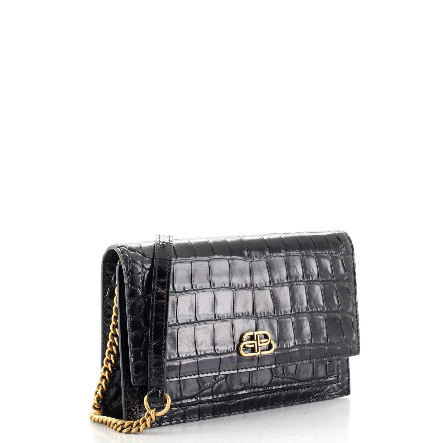 Black Balenciaga Sharp Chain Crossbody Bag Crocodile Embossed Leather