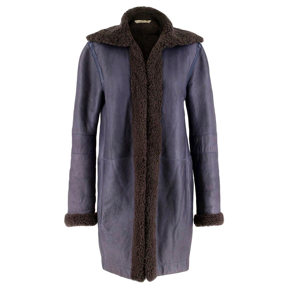 Balenciaga Shearling Lined Blue Leather Coat - Size US 6 For Sale