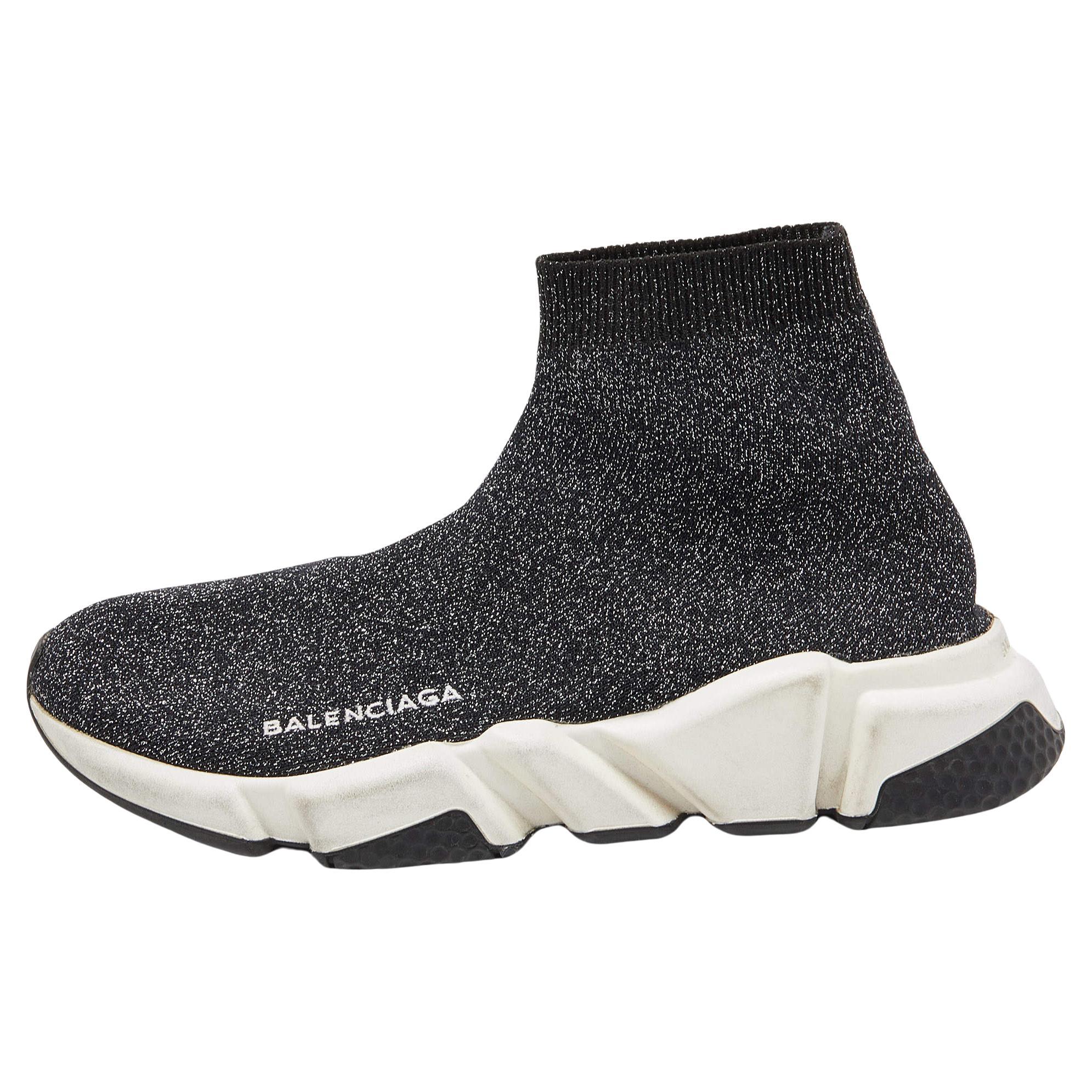 Balenciaga Shimmery Black Knit Fabric Speed Trainer Sneakers Size 38 For Sale