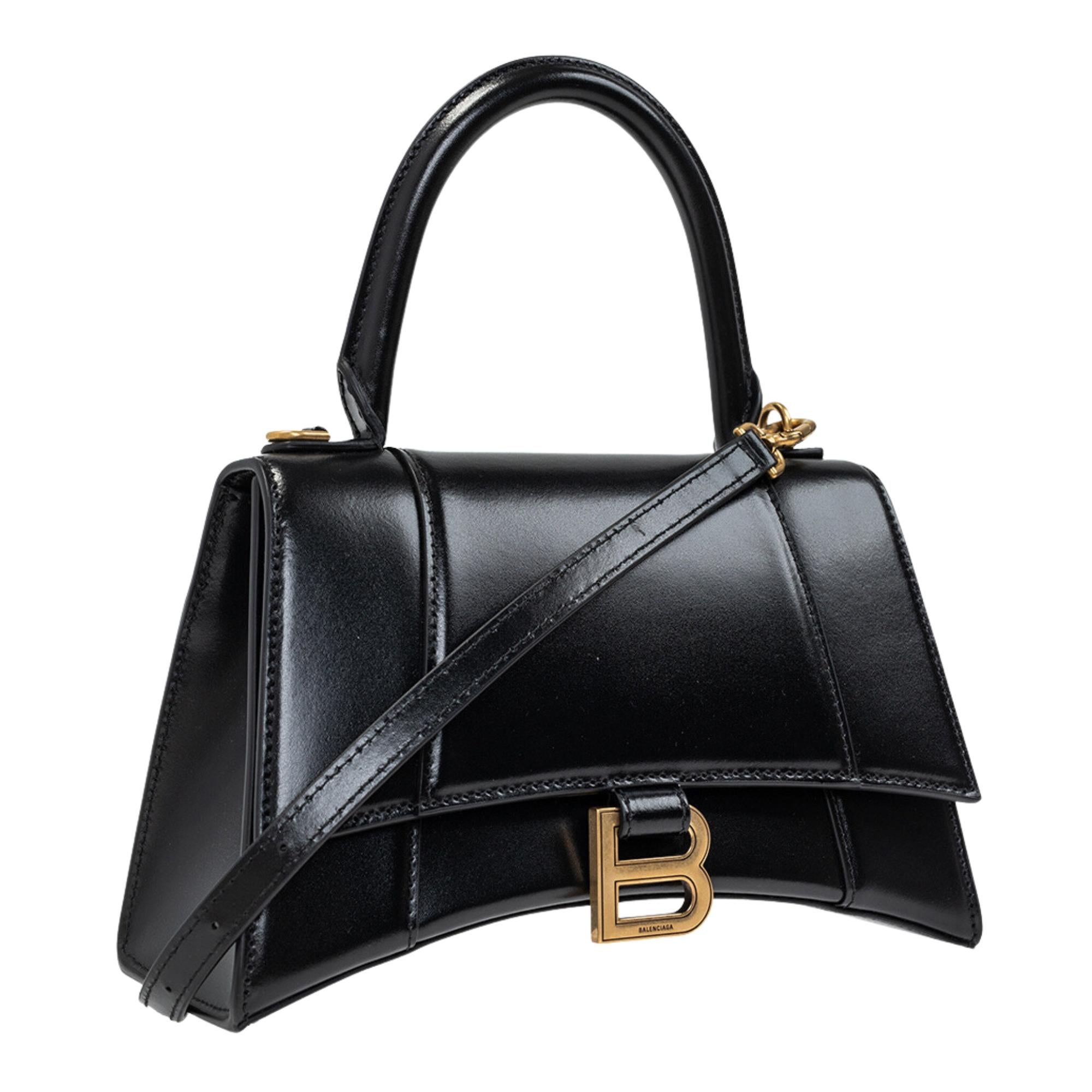 Women's Balenciaga Shiny Box Calfskin Small Hourglass Top Handle Bag Black For Sale