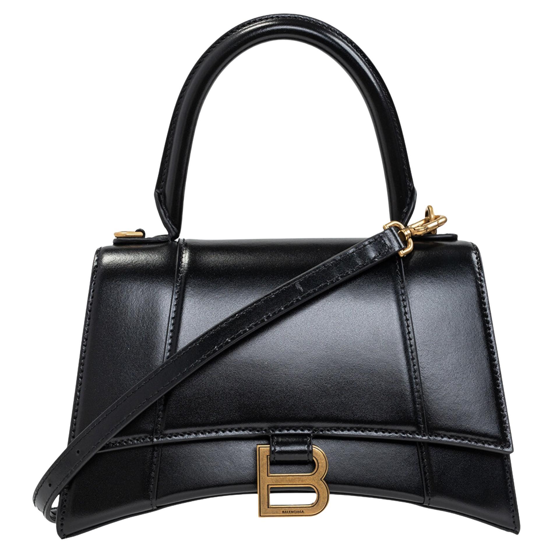 Balenciaga Shiny Box Calfskin Small Hourglass Top Handle Bag Black For Sale