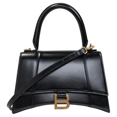 Balenciaga Shiny Box Calfskin Small Hourglass Top Handle Bag Black