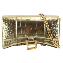 Balenciaga Shiny Calfskin Crocodile Embossed Hourglass Chain Bag Gold 27ba83s