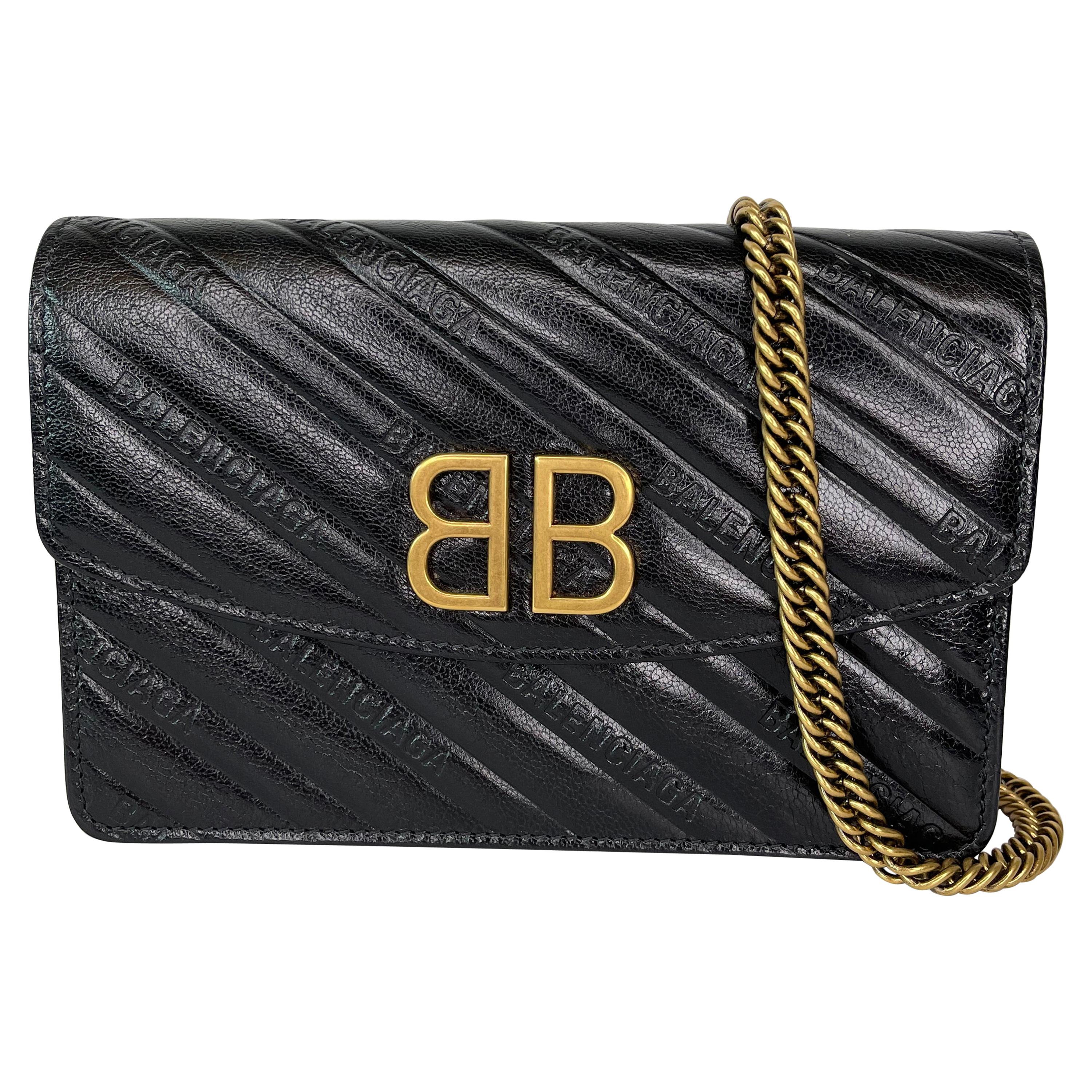 Balenciaga Shiny Goatskin Logo Embossed BB Black Wallet on a Chain Bag at  1stDibs