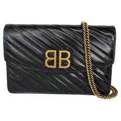 Balenciaga Shiny Goatskin Logo Embossed BB Black Wallet on a Chain Bag