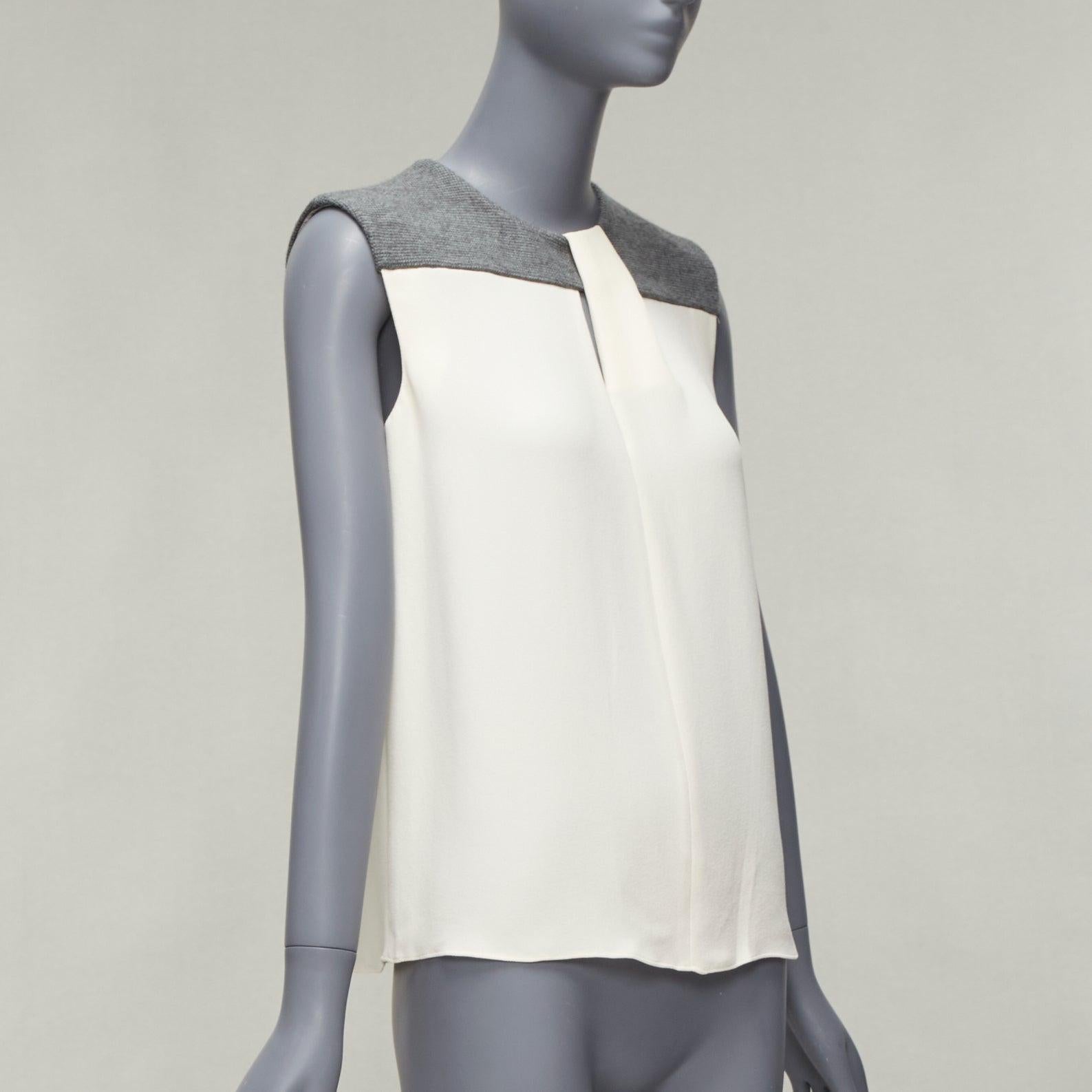 Gray BALENCIAGA Silk 2014 cream silk crepe grey knitted yoke cut out blouse FR38 M For Sale
