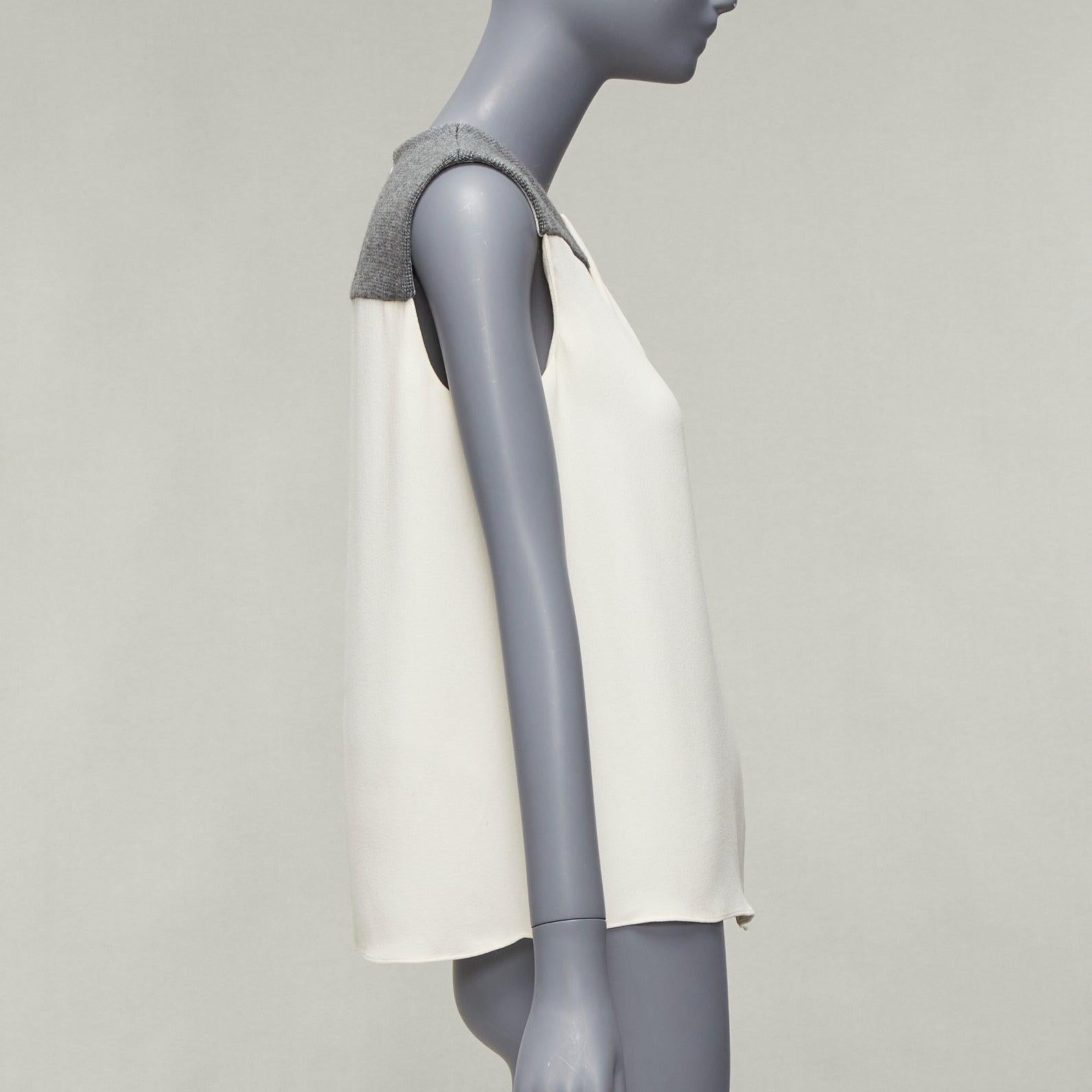 BALENCIAGA Silk 2014 cream silk crepe grey knitted yoke cut out blouse FR38 M In Good Condition For Sale In Hong Kong, NT