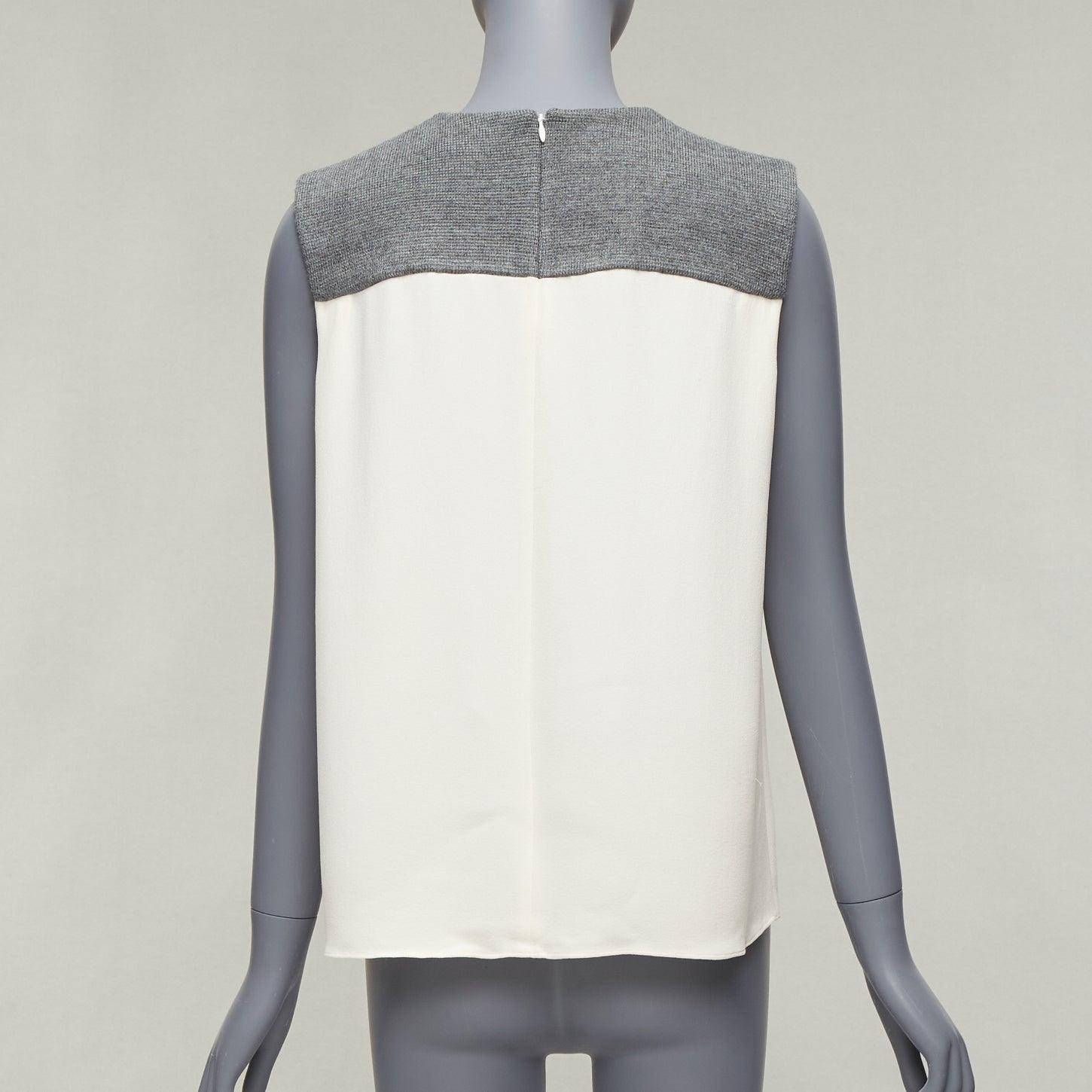 Women's BALENCIAGA Silk 2014 cream silk crepe grey knitted yoke cut out blouse FR38 M For Sale