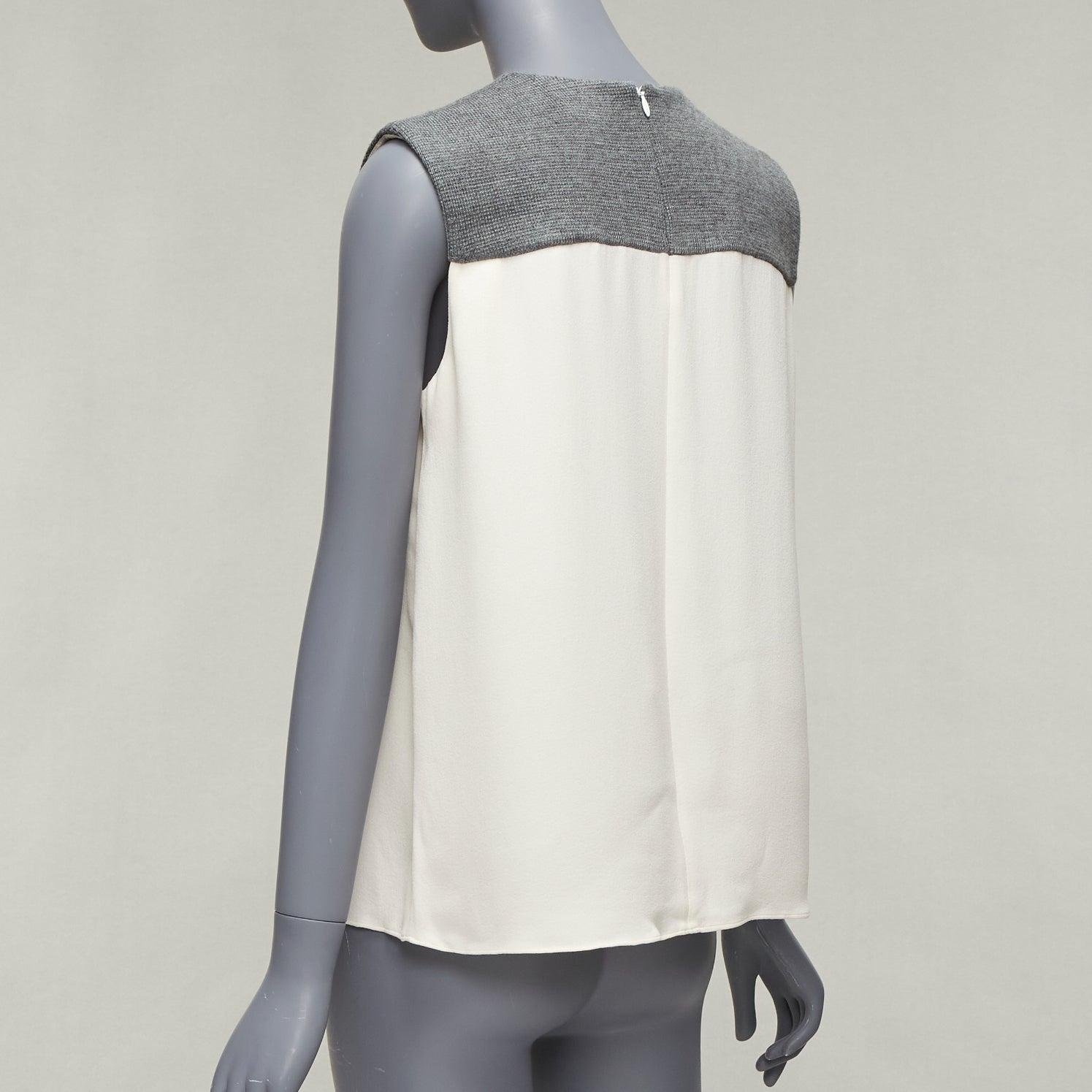 BALENCIAGA Silk 2014 cream silk crepe grey knitted yoke cut out blouse FR38 M For Sale 2