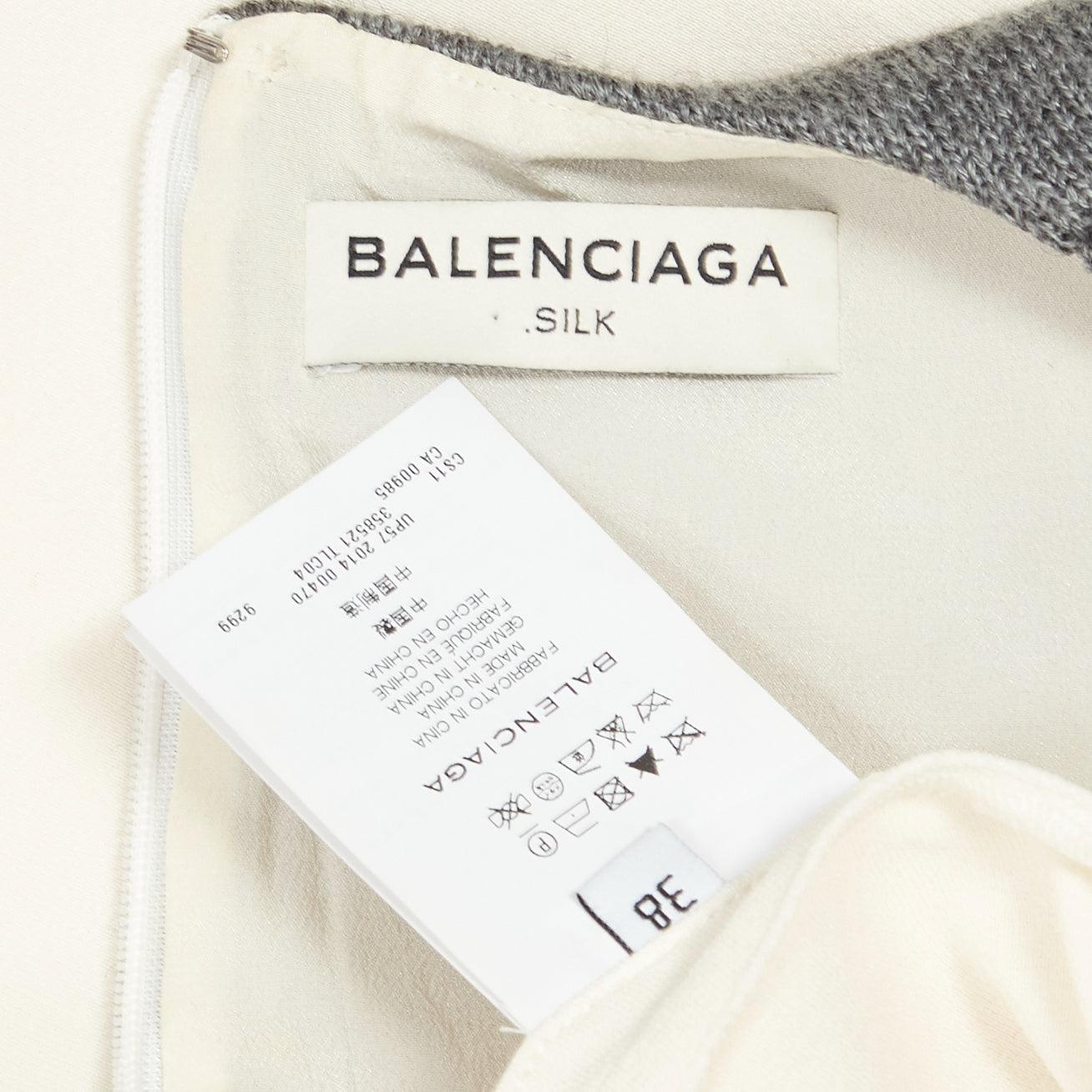 BALENCIAGA Silk 2014 cream silk crepe grey knitted yoke cut out blouse FR38 M For Sale 4