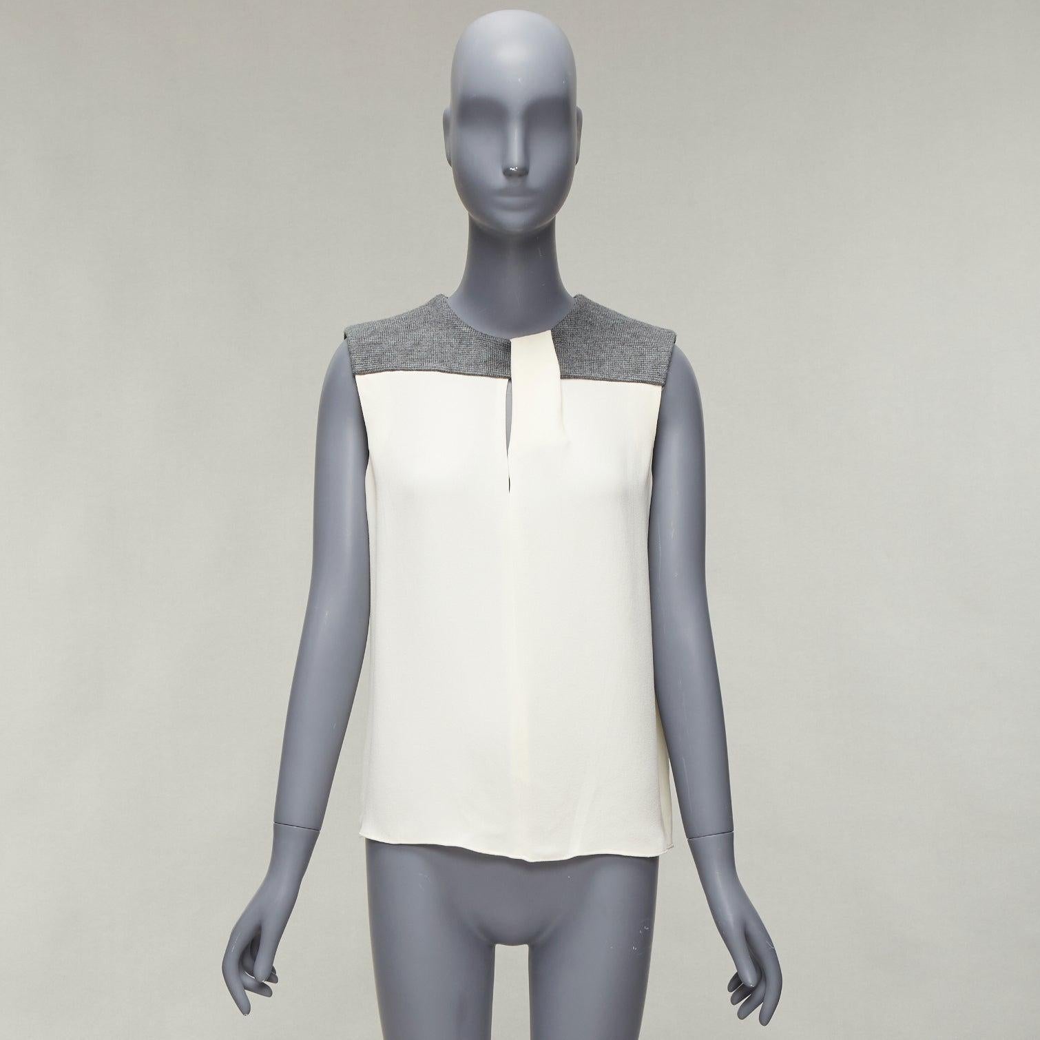 BALENCIAGA Silk 2014 cream silk crepe grey knitted yoke cut out blouse FR38 M For Sale 4