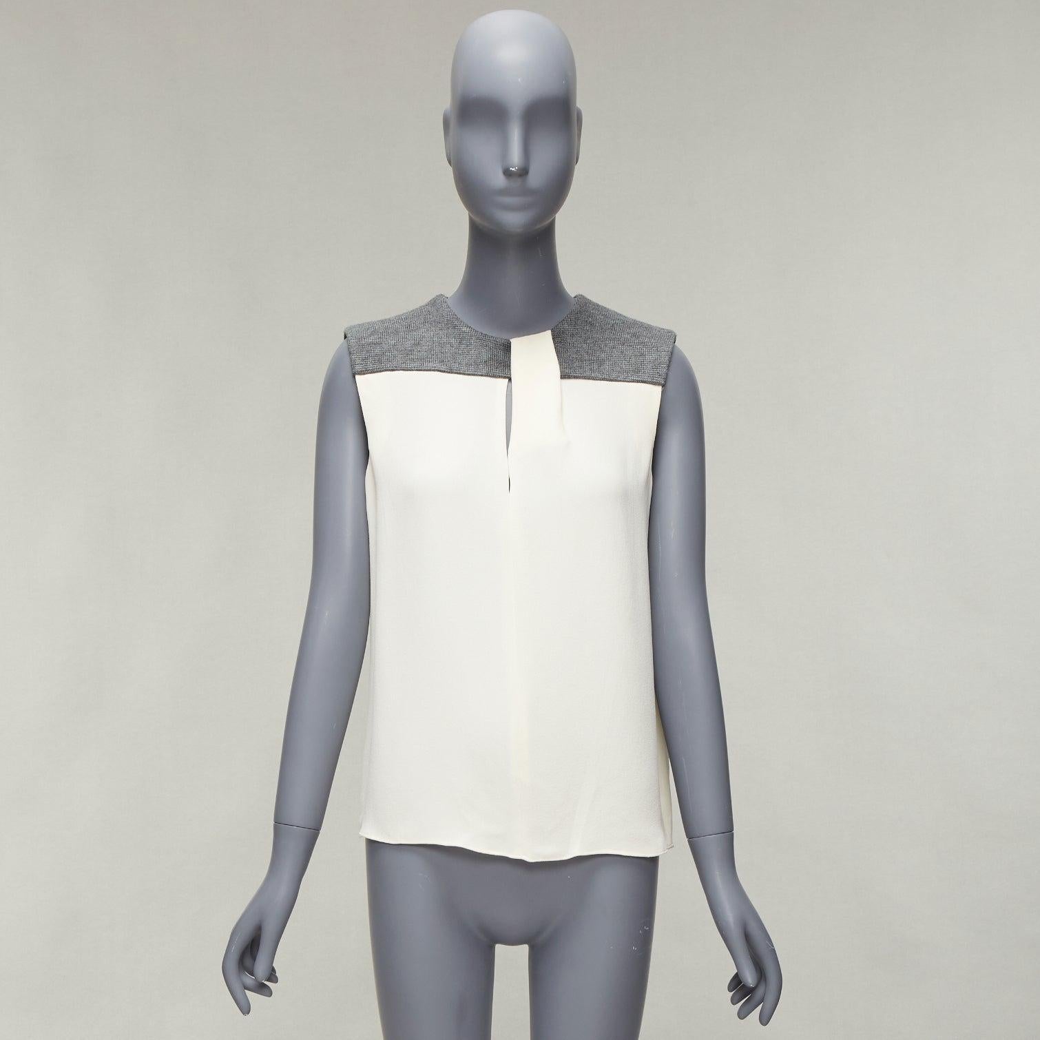 BALENCIAGA Silk 2014 cream silk crepe grey knitted yoke cut out blouse FR38 M For Sale 5