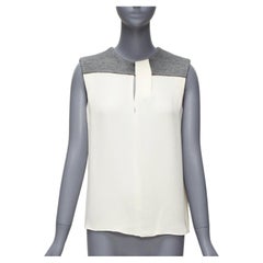 BALENCIAGA Silk 2014 cream silk crepe grey knitted yoke cut out blouse FR38 M