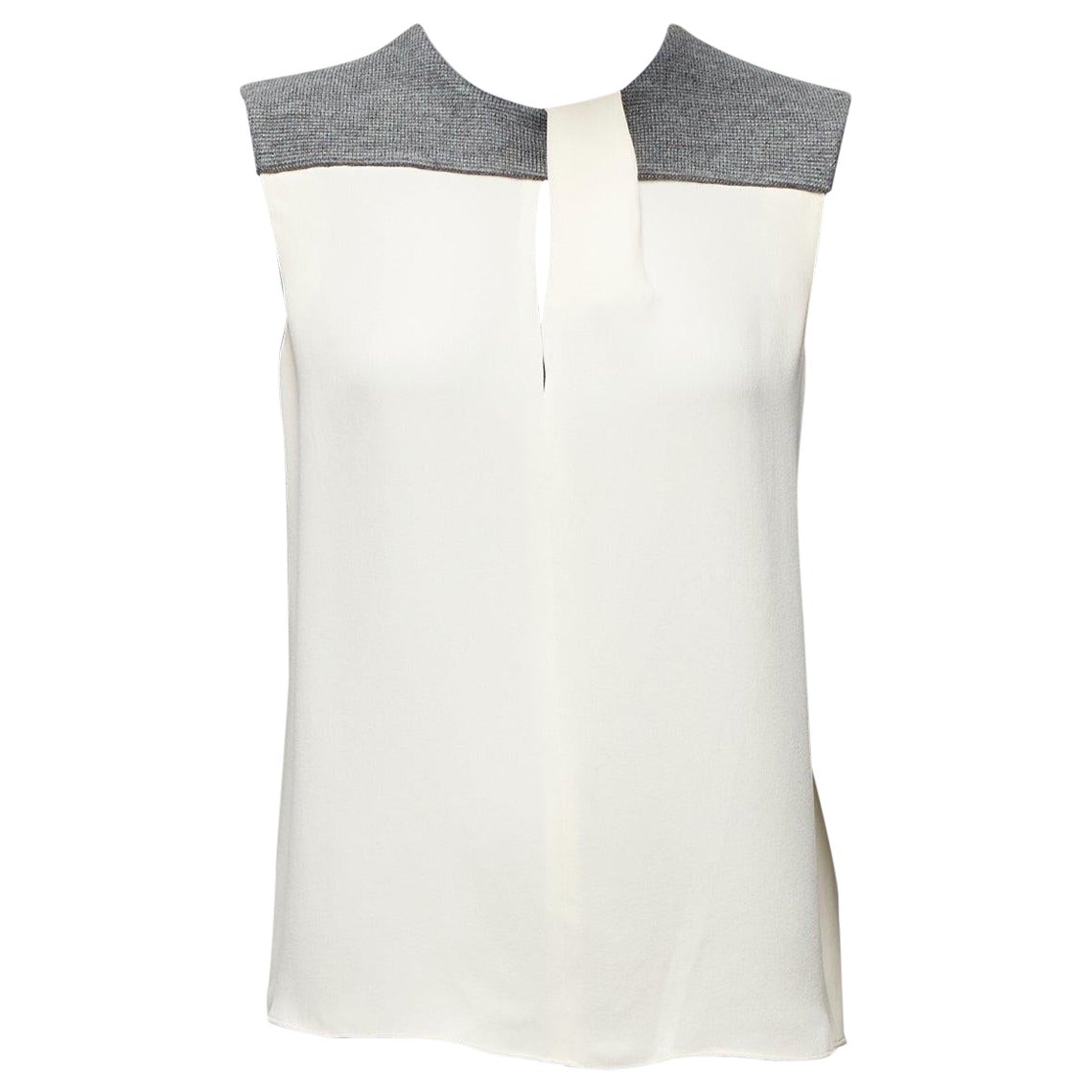 BALENCIAGA Silk 2014 cream silk crepe grey knitted yoke cut out blouse FR38 M