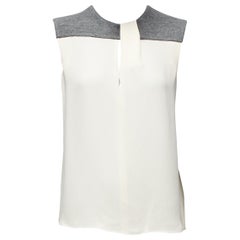 BALENCIAGA Silk 2014 cream silk crepe grey knitted yoke cut out blouse FR38 M