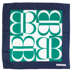 Balenciaga Silk Blue Green Logo Print Scarf, 1990s