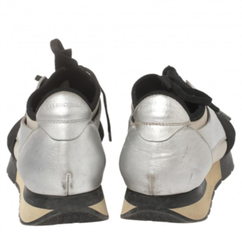Gray Balenciaga Silver/Black Leather And Fabric Race Runner Sneakers Size 40 For Sale