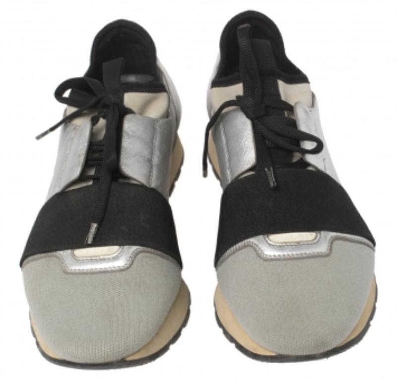 Balenciaga Silver/Black Leather And Fabric Race Runner Sneakers Size 40 In Fair Condition For Sale In Dubai, Al Qouz 2