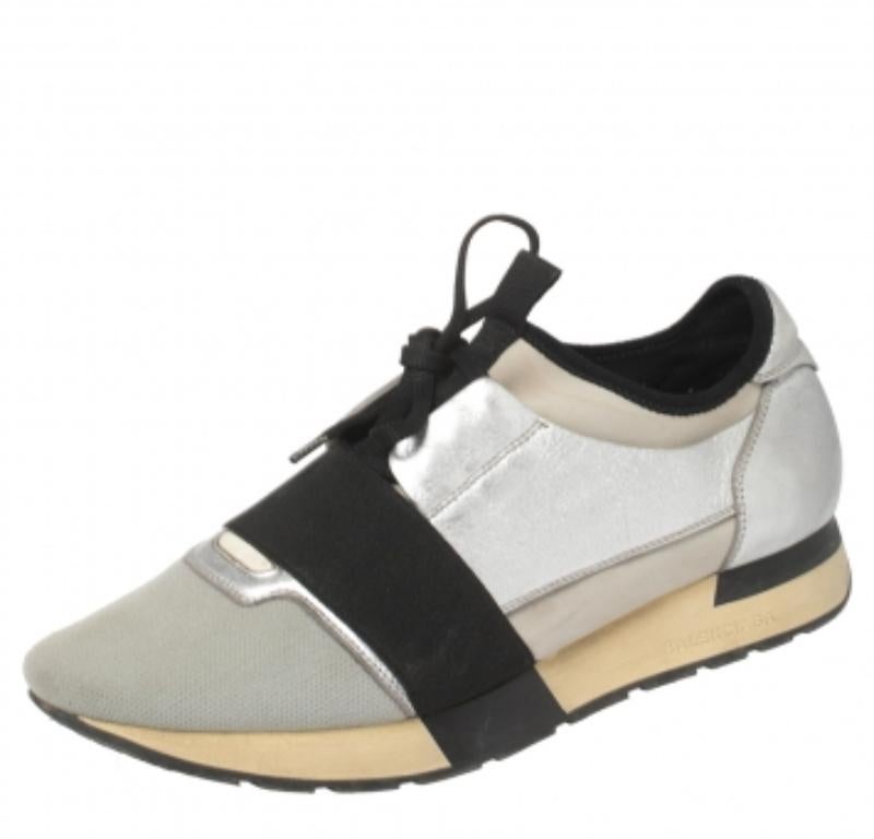 Balenciaga Silver/Black Leather And Fabric Race Runner Sneakers Size 40 For Sale 1