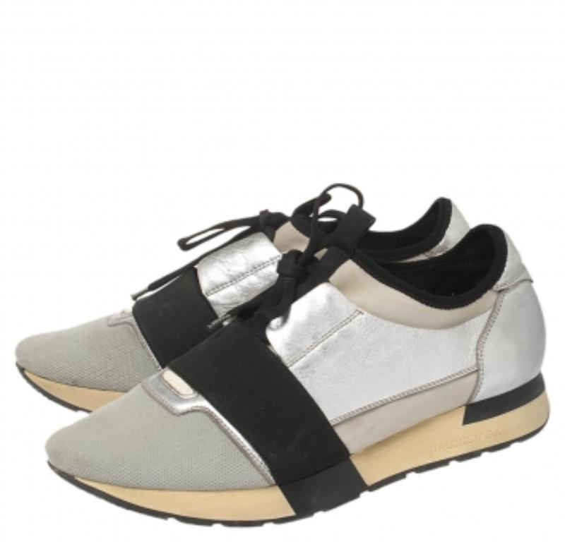 Balenciaga Silver/Black Leather And Fabric Race Runner Sneakers Size 40 For Sale 2