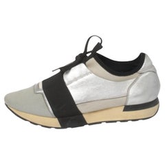 Balenciaga Silver/Black Leather And Fabric Race Runner Sneakers Size 40