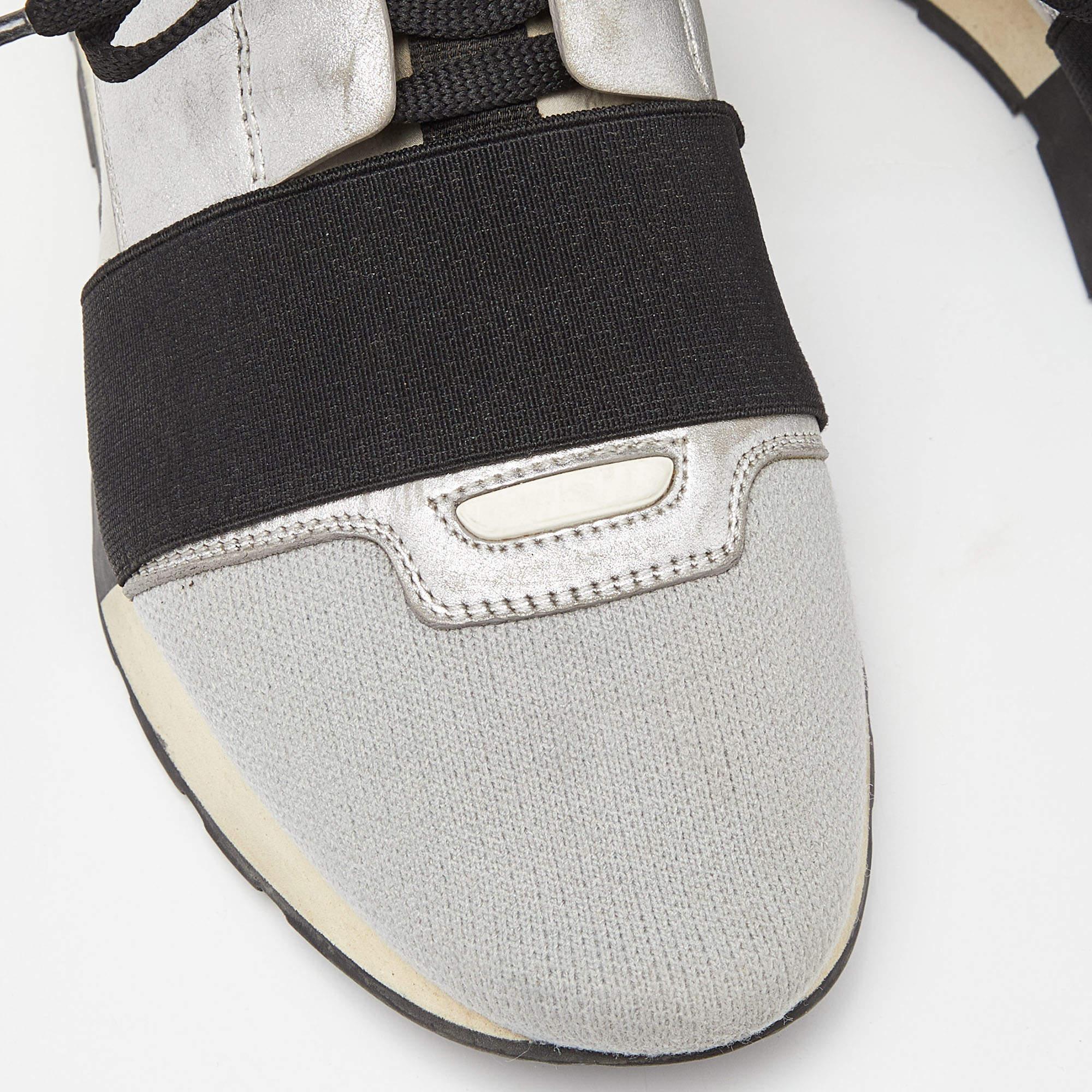 Balenciaga Silver/Black Leather and Knit Fabric Race Runner Sneakers Size 39 2