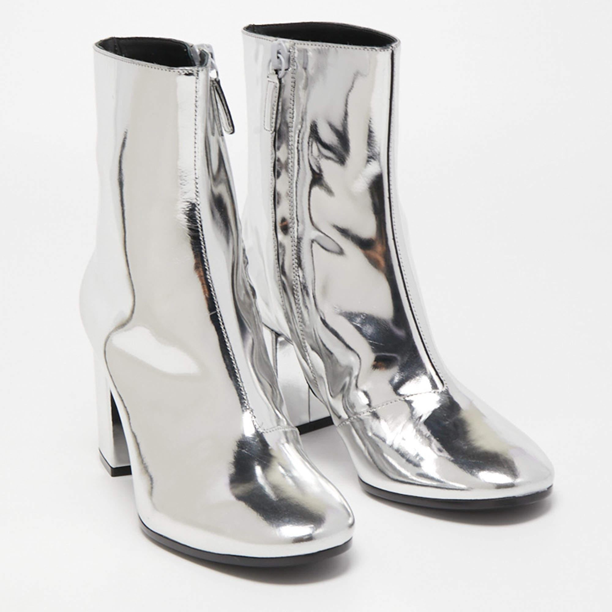 Women's Balenciaga Silver Foil Leather Block Heel Ankle Boots Size 36