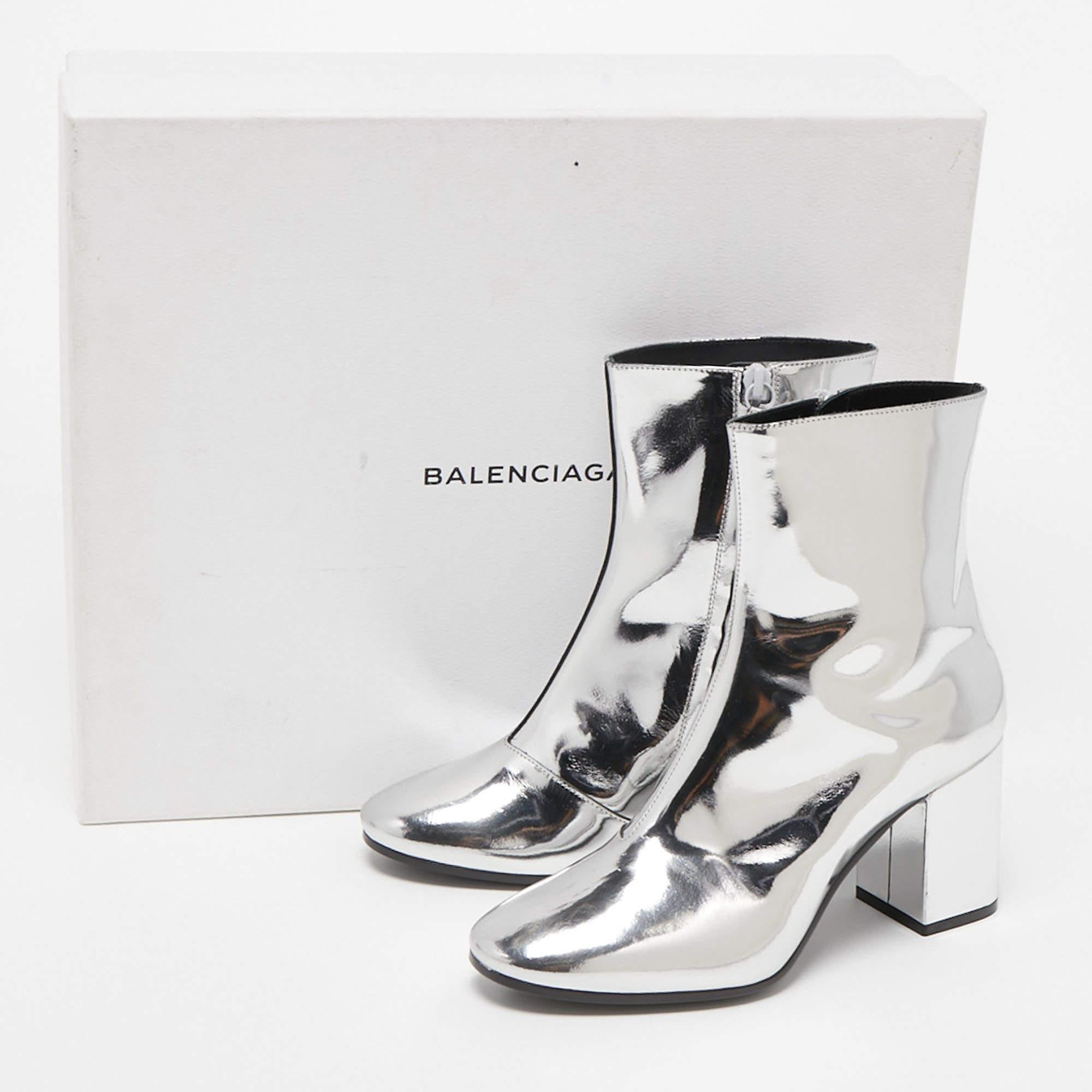 Balenciaga Silver Foil Leather Block Heel Ankle Boots Size 36 1