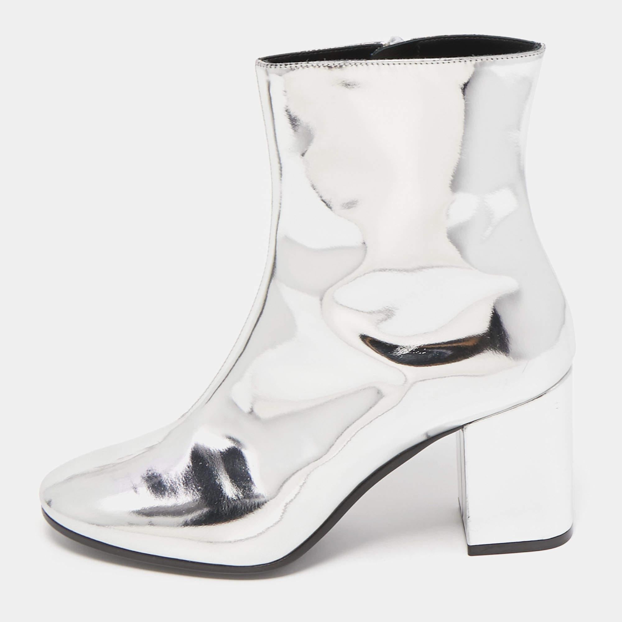 Balenciaga Silver Foil Leather Block Heel Ankle Boots Size 36 2