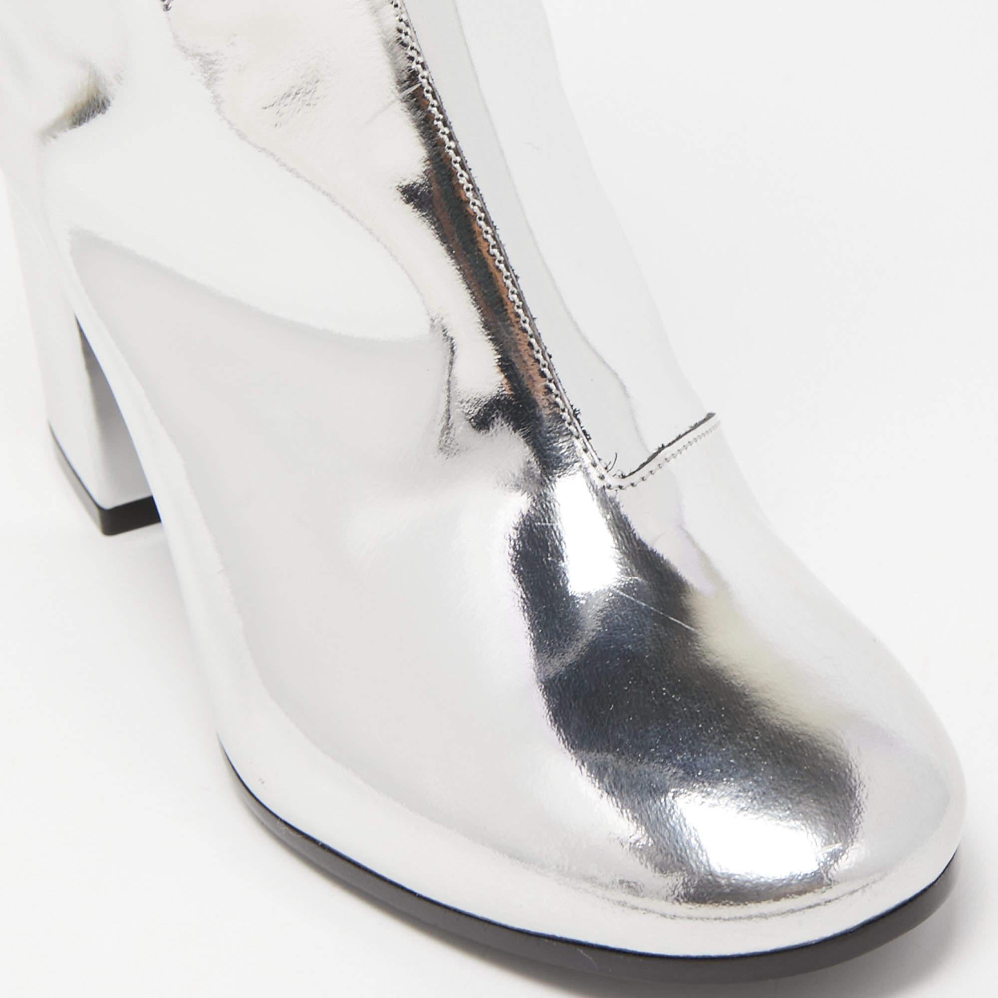 Balenciaga Silver Foil Leather Block Heel Ankle Boots Size 36 4