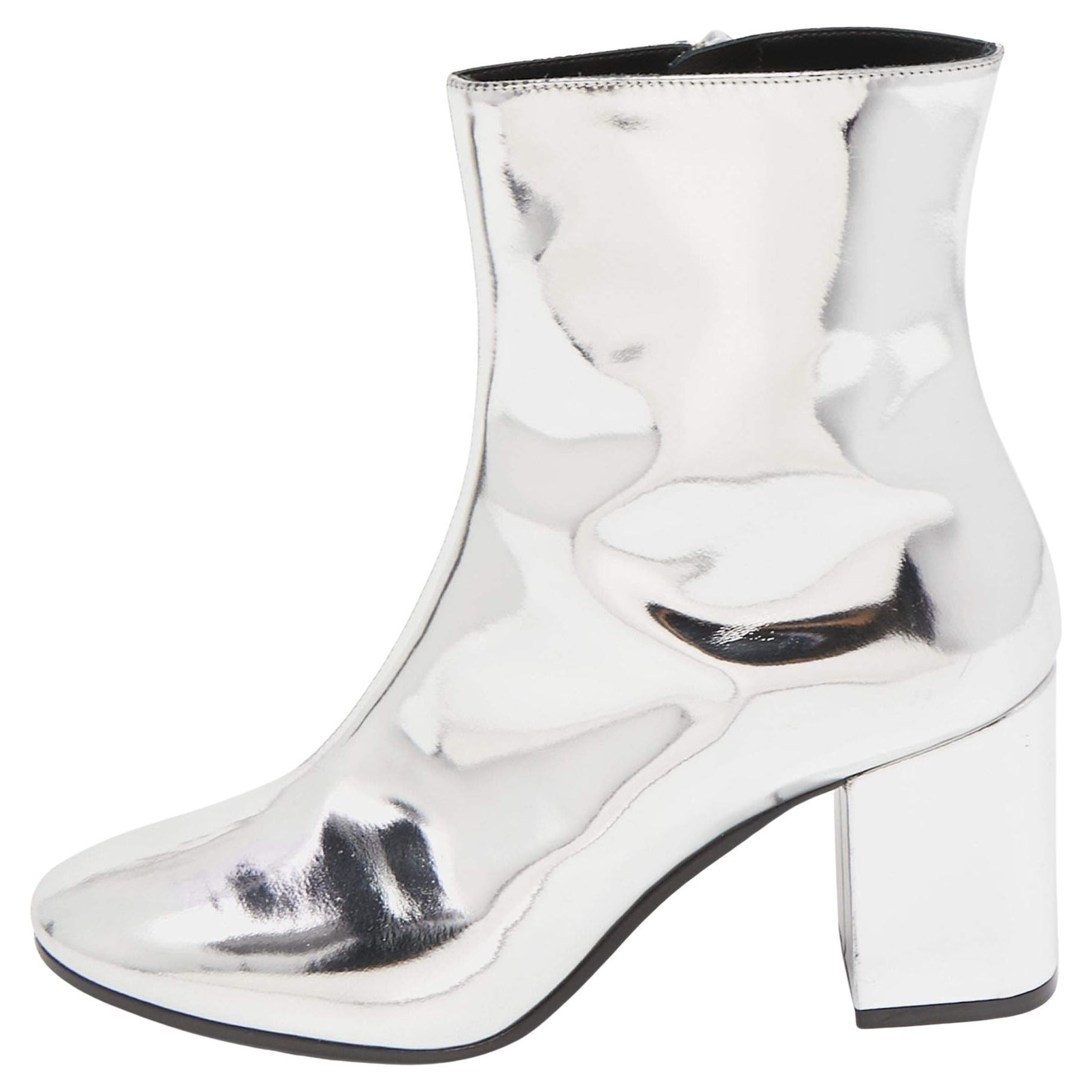 Balenciaga Silver Foil Leather Block Heel Ankle Boots Size 36