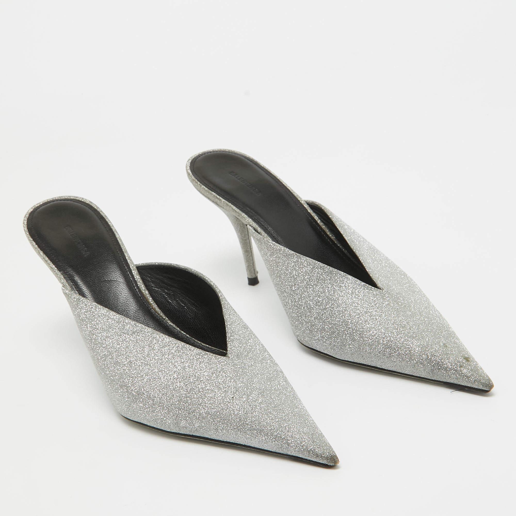 Women's Balenciaga Silver Glitter Knife Mules Size 39