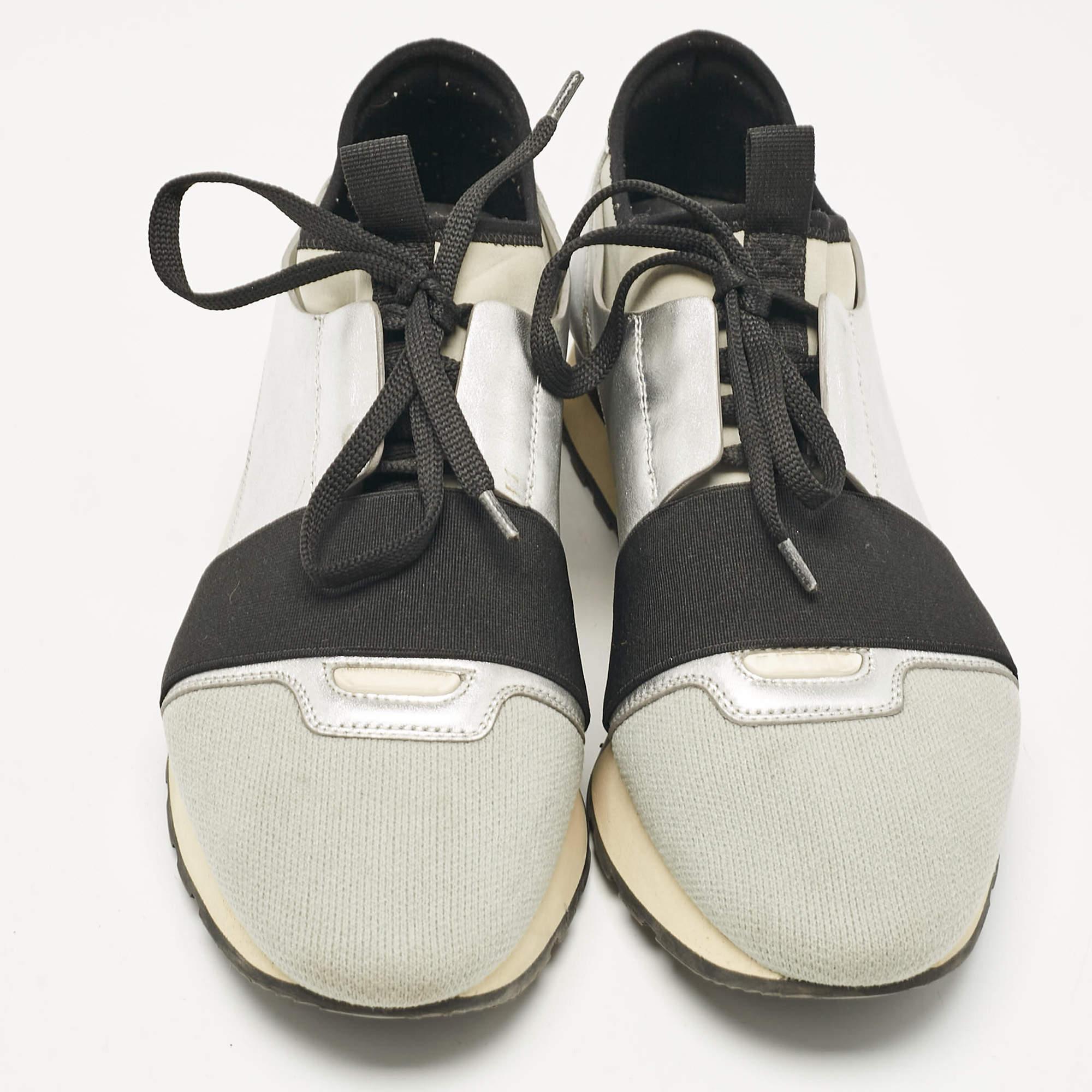 Beige Balenciaga Silver/Grey Fabric and Leather Race Runner  Sneakers Size 40 For Sale